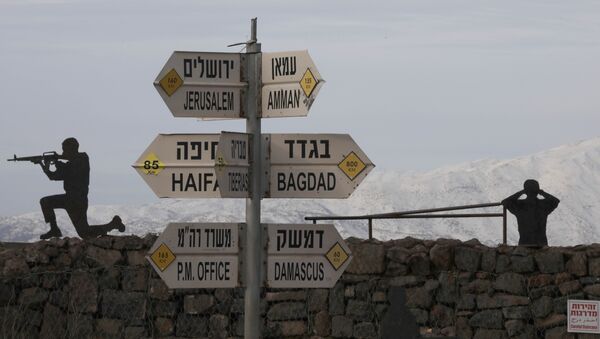 Silhouette sculptures of Israeli soldiers are pictured next to a sign for tourists showing the respective distances to Damascus and Baghdad from an army post on Mount Bental in the Israeli-annexed Golan Heights on January 20, 2019. - Sputnik International