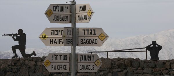 Silhouette sculptures of Israeli soldiers are pictured next to a sign for tourists showing the respective distances to Damascus and Baghdad from an army post on Mount Bental in the Israeli-annexed Golan Heights on January 20, 2019.  - Sputnik International