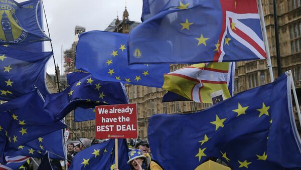 An anti-Brexit pro-remain supporter shouts out during a gathering outside the House of Parliament in London, Tuesday, March 12, 2019. - Sputnik International