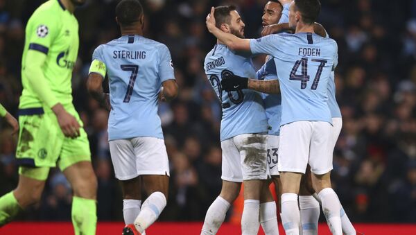 Manchester City players celebrate after they demolished Germany's Schalke 7-0 on 12 March 2019 - Sputnik International