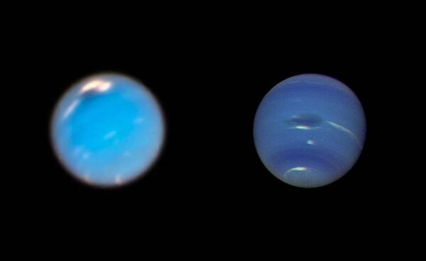 This is a composite picture showing images of storms on Neptune from the Hubble Space Telescope (left) and the Voyager 2 spacecraft (right) - Sputnik International