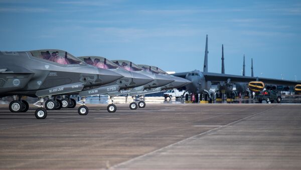 F-35 Lightning aircraft from Eglin Air Force Base, Fla., prepare for takeoff at Barksdale Air Force Base, La., Oct. 12, 2018. The aircraft evacuated to Barksdale to avoid possible damage from Hurricane Michael. - Sputnik International