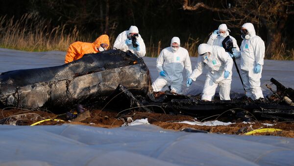 Police and forensic experts work next to the remains of a small plane that crashed near Erzhausen, Germany April 1, 2019 - Sputnik International
