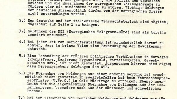 A facsimile of a German document which details how the Norwegian press was to be handled under the Nazi occupation, as it appears in the booklet found in the National Library of Israel A facsimile of a German document which details how the Norwegian press was to be handled under the Nazi occupation, as it appears in the booklet found in the National Library of Israel - Sputnik International