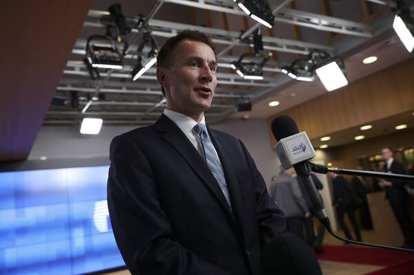 British Foreign Secretary Jeremy Hunt speaks with the media as he arrives to an EU Foreign Ministers meeting at the European Council headquarters in Brussels, Monday, Feb. 18, 2019 British Foreign Secretary Jeremy Hunt speaks with the media as he arrives to an EU Foreign Ministers meeting at the European Council headquarters in Brussels, Monday, Feb. 18, 2019 - Sputnik International