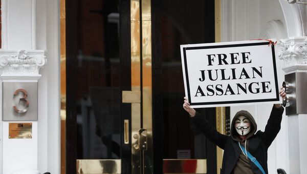 A demonstrator holds up a 'Free Assange' placard outside the front entrance of the Ecuadorian Embassy where Wikileaks founder Julian Assange has been holed out since 2012, in London, Friday, April 5, 2019 - Sputnik International