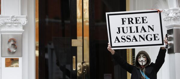 A demonstrator holds up a 'Free Assange' placard outside the front entrance of the Ecuadorian Embassy where Wikileaks founder Julian Assange has been holed out since 2012, in London, Friday, April 5, 2019 A demonstrator holds up a 'Free Assange' placard outside the front entrance of the Ecuadorian Embassy where Wikileaks founder Julian Assange has been holed out since 2012, in London, Friday, April 5, 2019 - Sputnik International