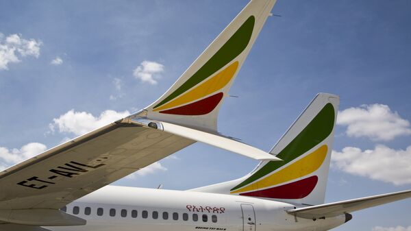 The winglet of an Ethiopian Airlines Boeing 737 Max 8 is seen as it sits grounded at Bole International Airport in Addis Ababa, Ethiopia Saturday, March 23, 2019 - Sputnik International
