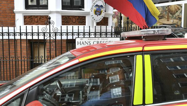 A police car parked outside the Ecuadorian Embassy in London, after WikiLeaks founder Julian Assange was arrested by officers from the Metropolitan Police and taken into custody Thursday April 11, 2019 - Sputnik International