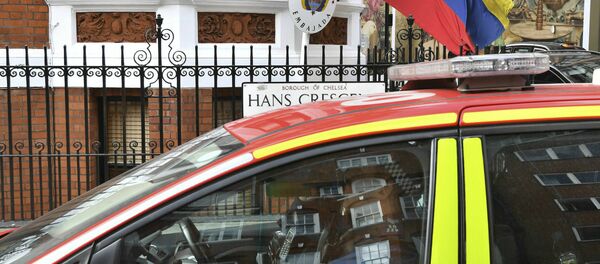 A police car parked outside the Ecuadorian Embassy in London, after WikiLeaks founder Julian Assange was arrested by officers from the Metropolitan Police and taken into custody Thursday April 11, 2019 A police car parked outside the Ecuadorian Embassy in London, after WikiLeaks founder Julian Assange was arrested by officers from the Metropolitan Police and taken into custody Thursday April 11, 2019 - Sputnik International