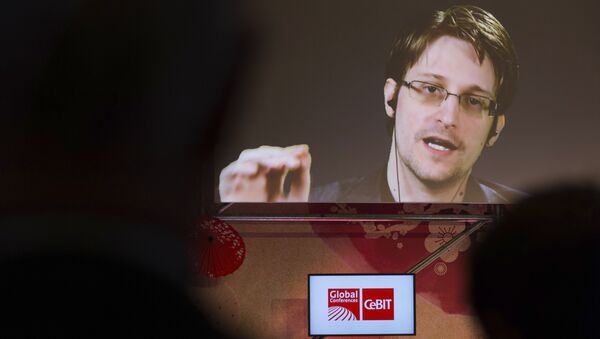 Edward Snowden, a former CIA worker before turning whistleblower, speaks via satellite at the IT fair CeBIT in Hanover, Germany, Tuesday March 21, 2017 - Sputnik International