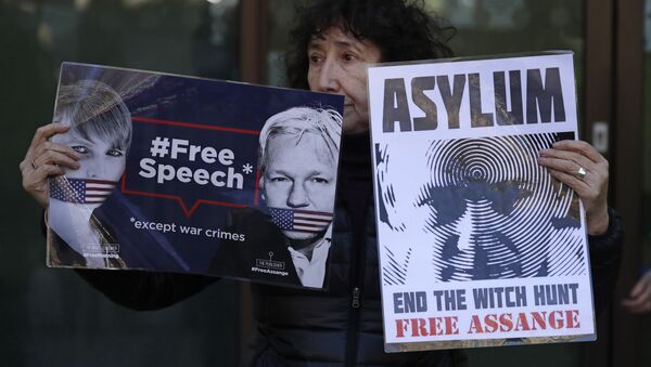 A protester demonstrating in support of WikiLeaks founder Julian Assange holds placards outside Westminster magistrates court where he was appearing in London, Thursday, April 11, 2019. - Sputnik International