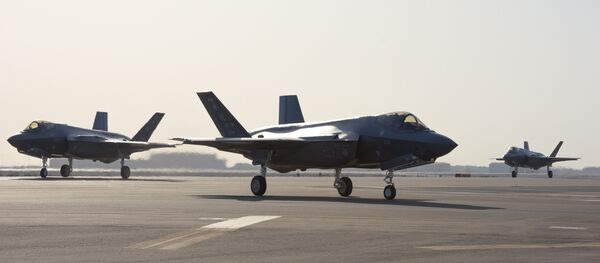 Three F-35A Lightning IIs assigned to the 4th Expeditionary Fighter Squadron taxi after landing at Al Dhafra Air Base, United Arab Emirates, 15 April 2019. The F-35A Lightning II is deployed to the US Air Forces Central Command area of responsibility for the first time in US Air Force history. Three F-35A Lightning IIs assigned to the 4th Expeditionary Fighter Squadron taxi after landing at Al Dhafra Air Base, United Arab Emirates, 15 April 2019. The F-35A Lightning II is deployed to the US Air Forces Central Command area of responsibility for the first time in US Air Force history. - Sputnik International