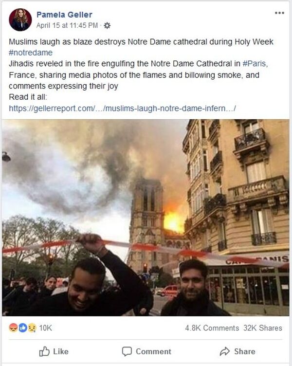 Screenshot of Pamela Geller post on Facebook Screenshot of Pamela Geller post on Facebook - Sputnik International
