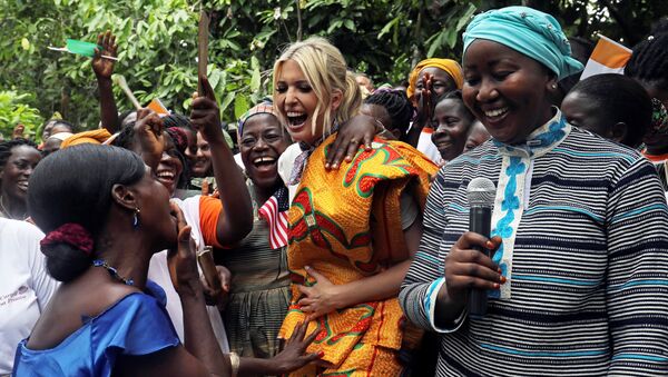 White House Advisor Ivanka Trump dances as she meets women entrepreneurs, at the demonstration cocoa farm in Adzope, Ivory Coast April 17, 2019 - Sputnik International