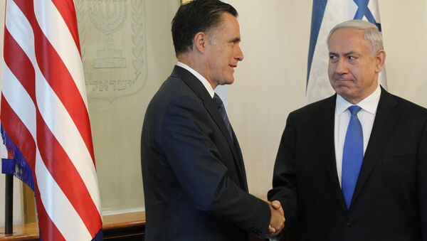 Republican presidential candidate and former Massachusetts Gov. Mitt Romney meets with Israel's Prime Minister Benjamin Netanyahu, in Jerusalem, Sunday, July 29, 2012 - Sputnik International