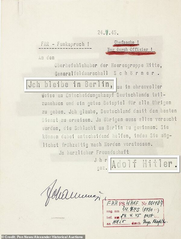 The note, pictured, is believed to be the only written evidence of Hitler declaring his intention to remain (and die) in Berlin - Sputnik International