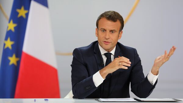 French President Emmanuel Macron gestures during his live address following the Great National Debate, at the Elysee Palace in Paris on April 25, 2019. President Emmanuel Macron on April 25, 2019 vowed to press ahead with his government's programme to transform France, adding public order must be restored after months of protests. - Sputnik International