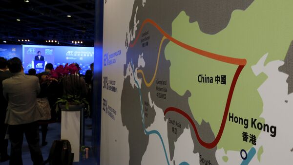 A map illustrating China's silk road economic belt and the 21st century maritime silk road, or the so-called One Belt, One Road megaproject, is displayed at the Asian Financial Forum in Hong Kong, China January 18, 2016 - Sputnik International