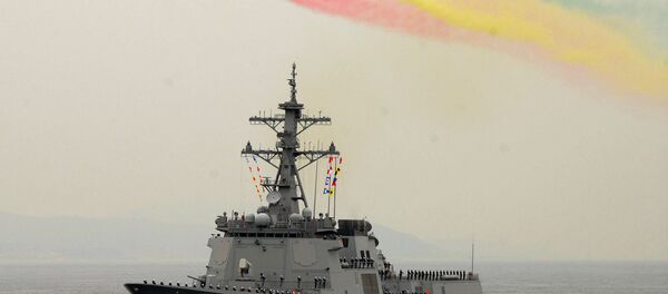 Helicopters fly over the Republic of Korea Aegis destroyer Sejong the Great (KDX 991) during the International Fleet Review Pass and Review. The International Fleet Review, which runs from Oct. 5 through Oct. 10, celebrates the 60th anniversary of the Republic of Korean. - Sputnik International
