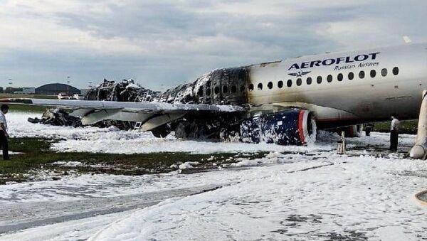 A view shows a damaged Aeroflot Sukhoi Superjet 100 passenger plane after an emergency landing at Moscow's Sheremetyevo airport, Russia May 5, 2019 - Sputnik International
