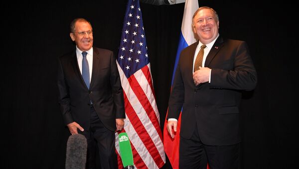 U.S. Secretary of State Mike Pompeo and Russia's Foreign Minister Sergei Lavrov pose for the press as they meet on the sidelines of the Arctic Council Ministerial Meeting in Rovaniemi, Finland May 6, 2019 - Sputnik International