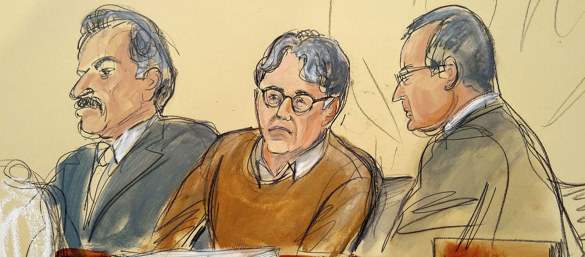 Keith Raniere (centre) in a courtroom artist's sketch of the courtroom on 7 May 2019. Raniere is flanked by his attorneys Paul DerOhannesian and Marc Agnifilo - Sputnik International, 1920, 27.10.2020