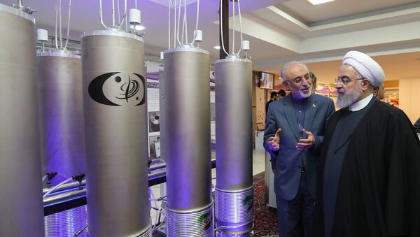 A handout picture made available by the Iranian presidential office shows, Iranian President Hassan Rouhani (2nd L) listening to head of Iran's nuclear technology organisation Ali Akbar Salehi (R) during the nuclear technology day in Tehran on April 9, 2019 - Sputnik International