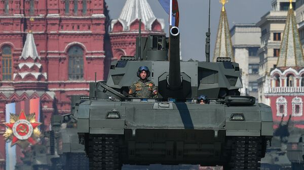 Russian T-14 Armata main battle tanks roll down the Red Square during a rehearsal for the Victory Day parade in Moscow on 9 May, 2019  - Sputnik International