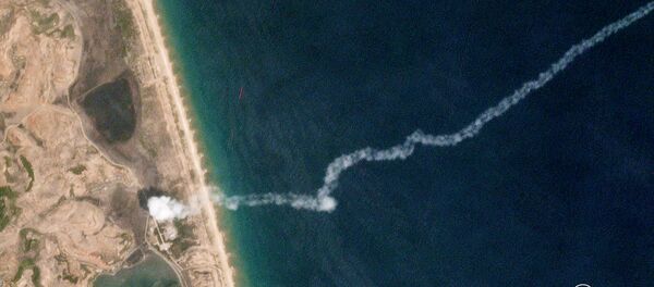 The trail of a suspected missile is seen on a commercial satellite image captured by Planet over the Hodo Peninsula in North Korea The trail of a suspected missile is seen on a commercial satellite image captured by Planet over the Hodo Peninsula in North Korea - Sputnik International