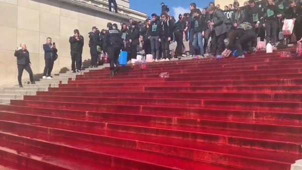 Extinction Rebellion activists protest in Paris, using fake blood - Sputnik International