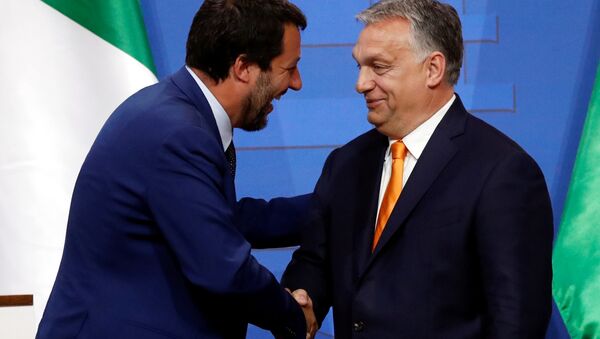 Italian Deputy Prime Minister Matteo Salvini shakes hands with Hungarian Prime Minister Viktor Orban during a joint news conference in Budapest, Hungary May 2, 2019 - Sputnik International