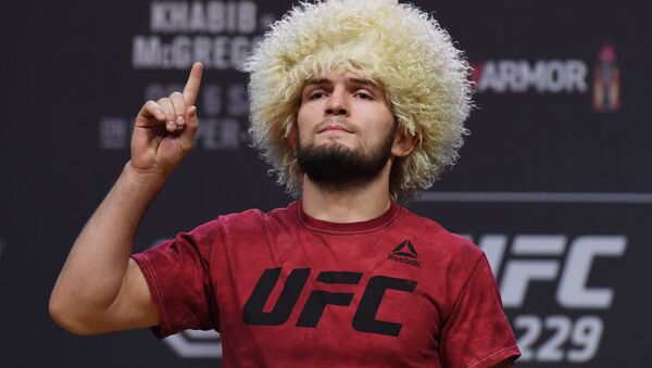 LAS VEGAS, NEVADA - OCTOBER 05: UFC lightweight champion Khabib Nurmagomedov poses during a ceremonial weigh-in for UFC 229 at T-Mobile Arena on October 05, 2018 in Las Vegas, Nevada. Nurmagomedov will defend his title against Conor McGregor at UFC 229 on October 6 at T-Mobile Arena in Las Vega - Sputnik International