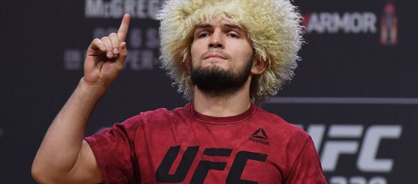 LAS VEGAS, NEVADA - OCTOBER 05: UFC lightweight champion Khabib Nurmagomedov poses during a ceremonial weigh-in for UFC 229 at T-Mobile Arena on October 05, 2018 in Las Vegas, Nevada. Nurmagomedov will defend his title against Conor McGregor at UFC 229 on October 6 at T-Mobile Arena in Las Vega - Sputnik International