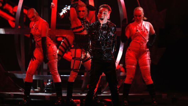 Hatari of Iceland perform the song Hatrio mun sigra during the 2019 Eurovision Song Contest grand final in Tel Aviv, Israel, May 18 May, 2019 - Sputnik International