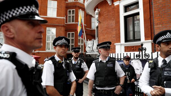 British police officers stand on duty outside the Embassy of Ecuador in London on May 20, 2019 - Sputnik International