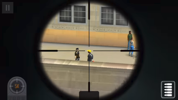 Screenshot from the Sniper 3D Assassin video game level titled Breaking News, in which the player assassinates a journalist - Sputnik International
