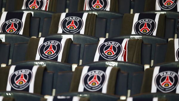 The logos of the Paris Saint Germain are displayed on the seats of the vip stands prior to the Champion's League round of 16, first leg soccer match between Paris Saint Germain and Barcelona at the Parc des Princes stadium in Paris, Tuesday, Feb. 14, 2017 - Sputnik International