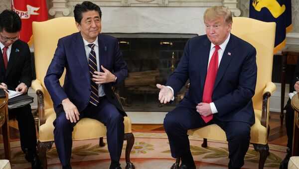 US President Donald Trump takes part in a bilateral meeting with Japan's Prime Minister Shinzo Abe in the Oval Office of the White House in Washington, DC on April 26, 2019. - Sputnik International