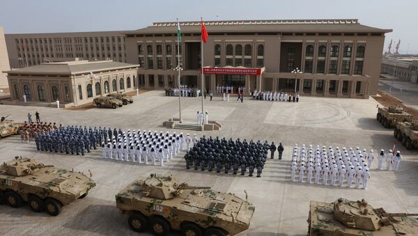 This photo taken on August 1, 2017 shows Chinese People's Liberation Army personnel attending the opening ceremony of China's new military base in Djibouti - Sputnik International