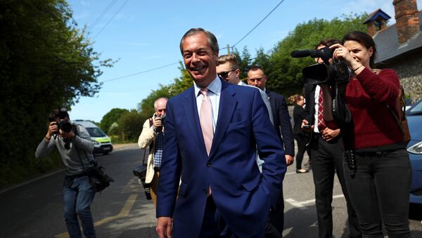 Brexit Party leader Nigel Farage leaves a polling station after voting in the European elections, in Biggin Hill, Britain, 23 May 2019 - Sputnik International