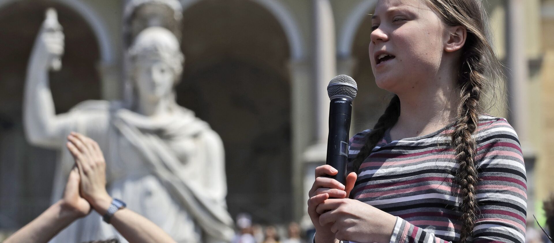 Swedish teenager and environmental activist Greta Thunberg speaks during a Fridays for Future rally in Rome, on 19, April 2019. Thunberg was in Rome to headline Friday's school strike, the growing worldwide youth movement she spearheaded, demanding faster action against climate change. - Sputnik International, 1920, 01.10.2019