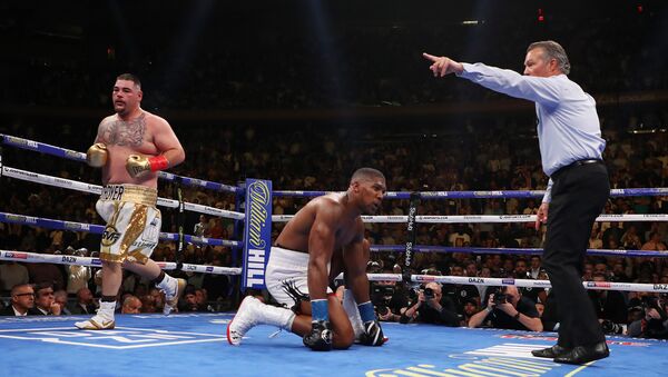 Anthony Joshua touches down on the canvas as the ref orders Andy Ruiz to a neutral corner during their 1 June 2019 clash - Sputnik International