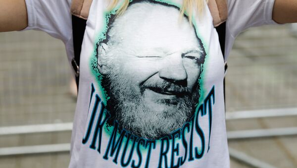 A supporter of WikiLeaks founder Julian Assange joins others in protest outside Westminster Magistrates Court in London on May 30, 2019 where there was a short hearing in Assange's extradition case - Sputnik International