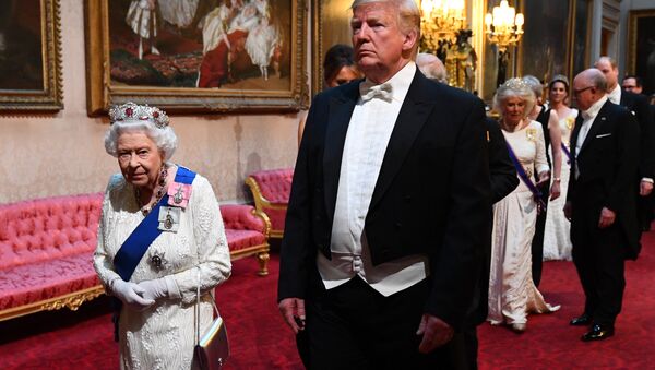 Britain's Queen Elizabeth and U.S. President Donald Trump arrive at the State Banquet at Buckingham Palace in London, Britain June 3, 2019 - Sputnik International