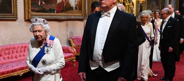 Britain's Queen Elizabeth and U.S. President Donald Trump arrive at the State Banquet at Buckingham Palace in London, Britain June 3, 2019 Britain's Queen Elizabeth and U.S. President Donald Trump arrive at the State Banquet at Buckingham Palace in London, Britain June 3, 2019 - Sputnik International