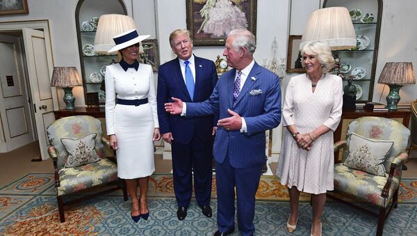 US President Donald Trump, centre left and his wife, first lady Melania, left, listen to Britain's Prince Charles and Camilla, the Duchess of Cornwall prior to afternoon tea at Clarence House, in London, Monday, June 3, 2019 - Sputnik International