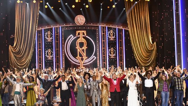 Host James Corden, fifth from right, is joined by cast of nominated musicals as he performs at the 73rd annual Tony Awards at Radio City Music Hall on Sunday, June 9, 2019, in New York. (Photo by Charles Sykes/Invision/AP) - Sputnik International