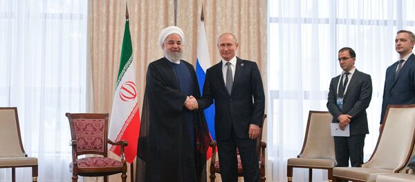 Russian President Vladimir Putin shakes hands with Iranian President Hassan Rouhani, left, during their meeting at the Shanghai Cooperation Organization (SCO) summit, in Bishkek, Kyrgyzstan - Sputnik International
