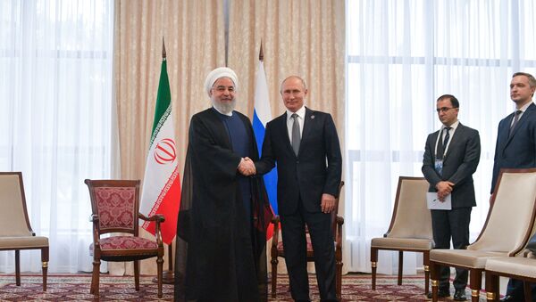 Russian President Vladimir Putin shakes hands with Iranian President Hassan Rouhani, left, during their meeting at the Shanghai Cooperation Organization (SCO) summit, in Bishkek, Kyrgyzstan - Sputnik International
